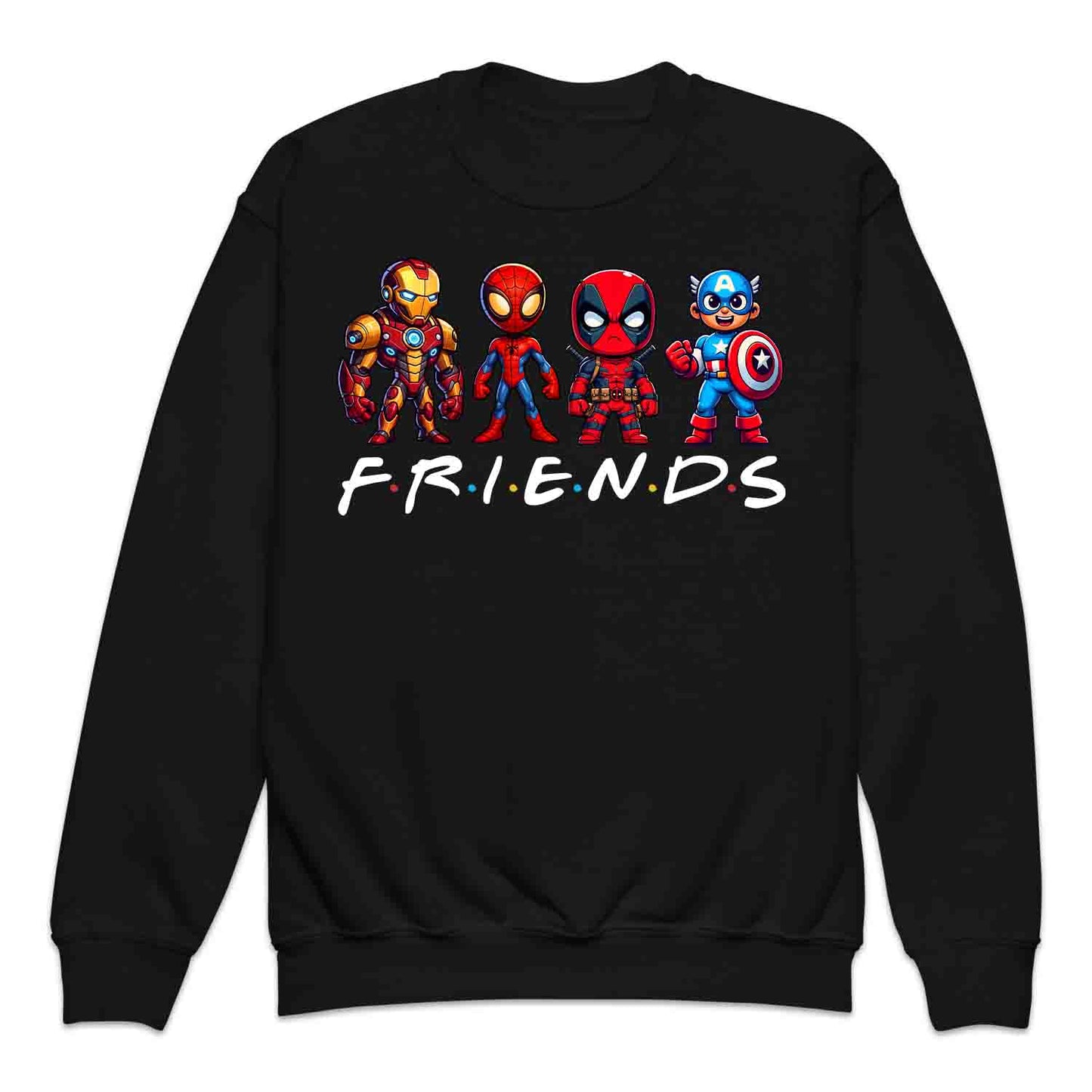 Marvel Superhero Friends Kids T-Shirt | Chibi Avengers Kids Jumper | Spider-Man, Deadpool, Iron Man & Captain America Hoodie | PRODUCT CODE: MADBVRLSUYP