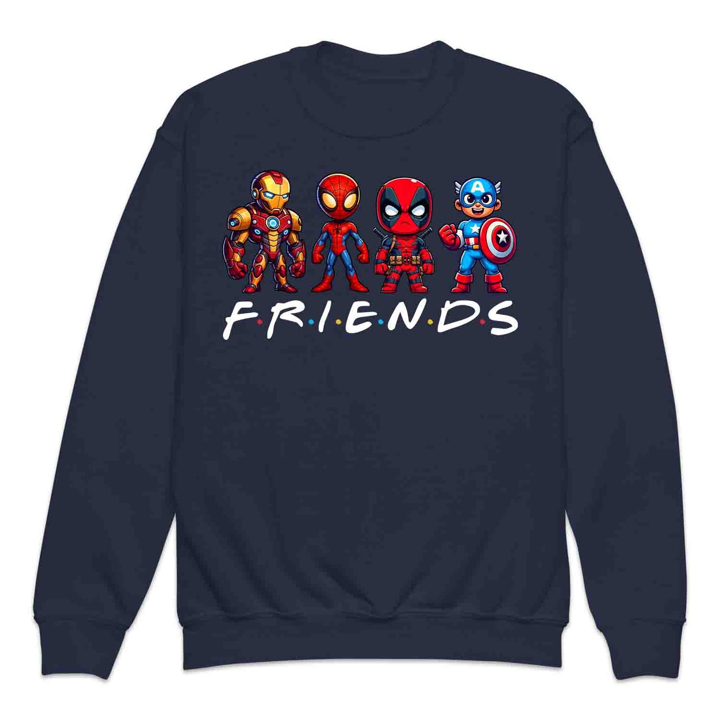 Marvel Superhero Friends Kids T-Shirt | Chibi Avengers Kids Jumper | Spider-Man, Deadpool, Iron Man & Captain America Hoodie | PRODUCT CODE: MADBVRLSUYP