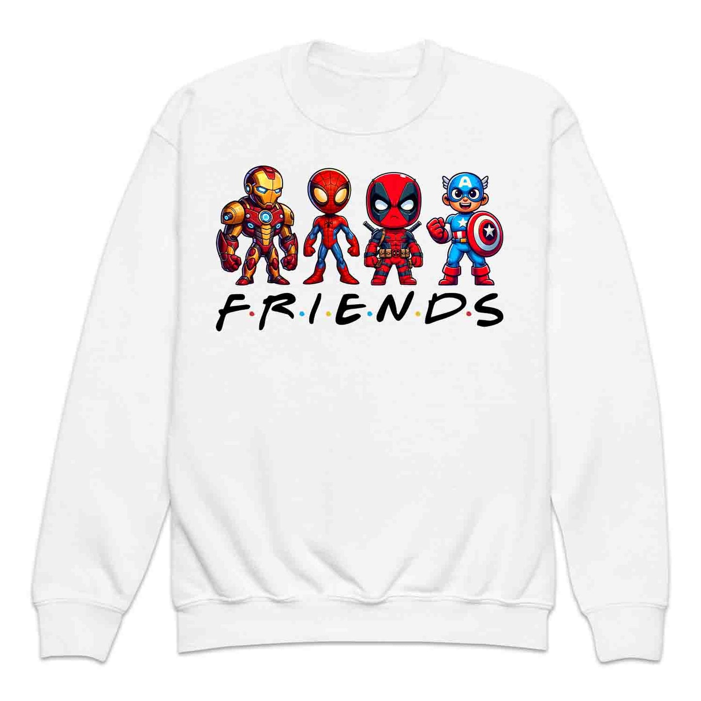 Marvel Superhero Friends Kids T-Shirt | Chibi Avengers Kids Jumper | Spider-Man, Deadpool, Iron Man & Captain America Hoodie | PRODUCT CODE: MADBVRLSUYP