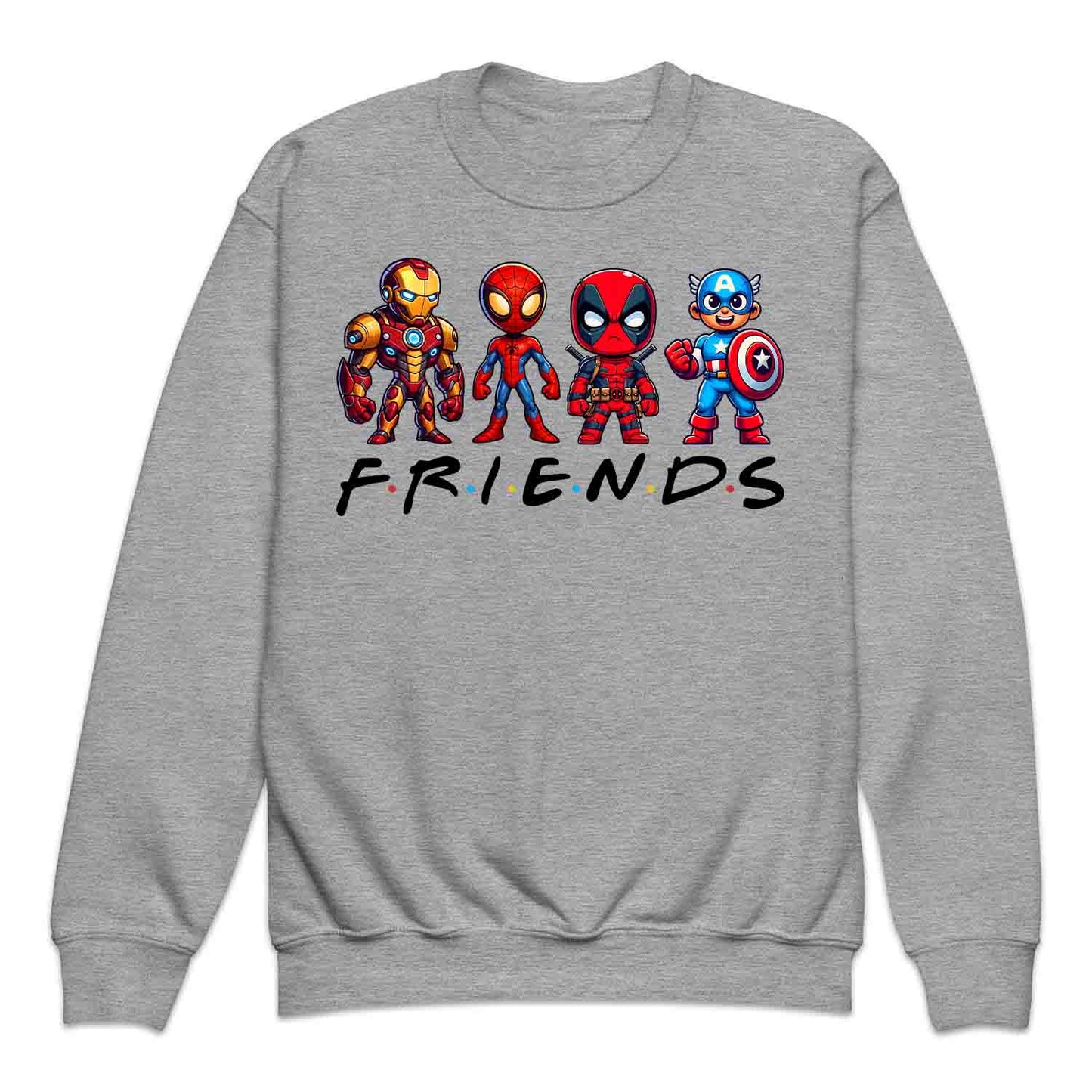 Marvel Superhero Friends Kids T-Shirt | Chibi Avengers Kids Jumper | Spider-Man, Deadpool, Iron Man & Captain America Hoodie | PRODUCT CODE: MADBVRLSUYP
