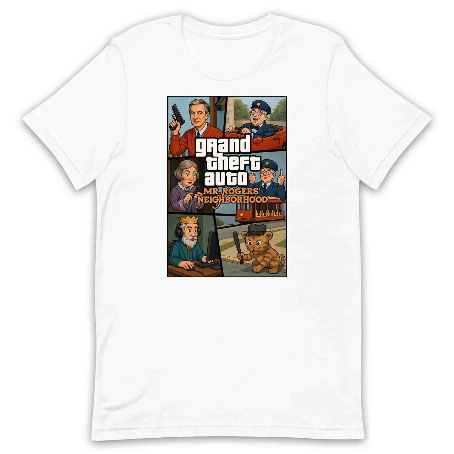 Mr. Rogers GTA Meme T-Shirt, 90s Crossover Jumper & Retro Satire Hoodie – Wholesome Chaos Pop Culture Apparel | PRODUCT CODE: MERGHQCB