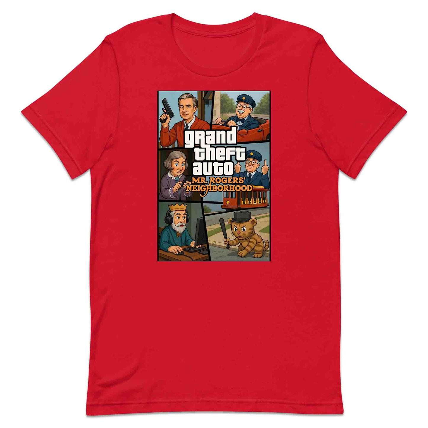 Mr. Rogers GTA Meme T-Shirt, 90s Crossover Jumper & Retro Satire Hoodie – Wholesome Chaos Pop Culture Apparel | PRODUCT CODE: MERGHQCB