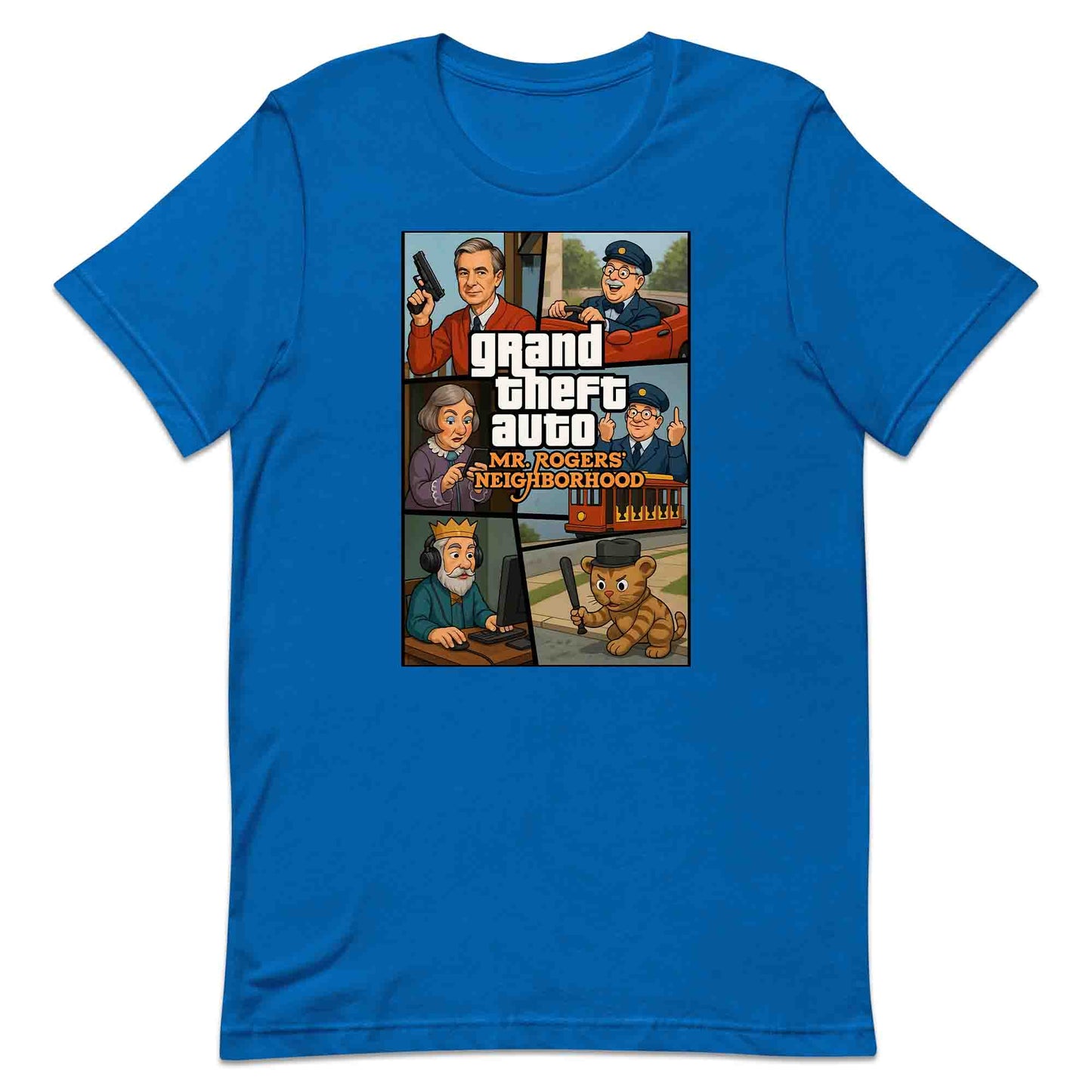 Mr. Rogers GTA Meme T-Shirt, 90s Crossover Jumper & Retro Satire Hoodie – Wholesome Chaos Pop Culture Apparel | PRODUCT CODE: MERGHQCB