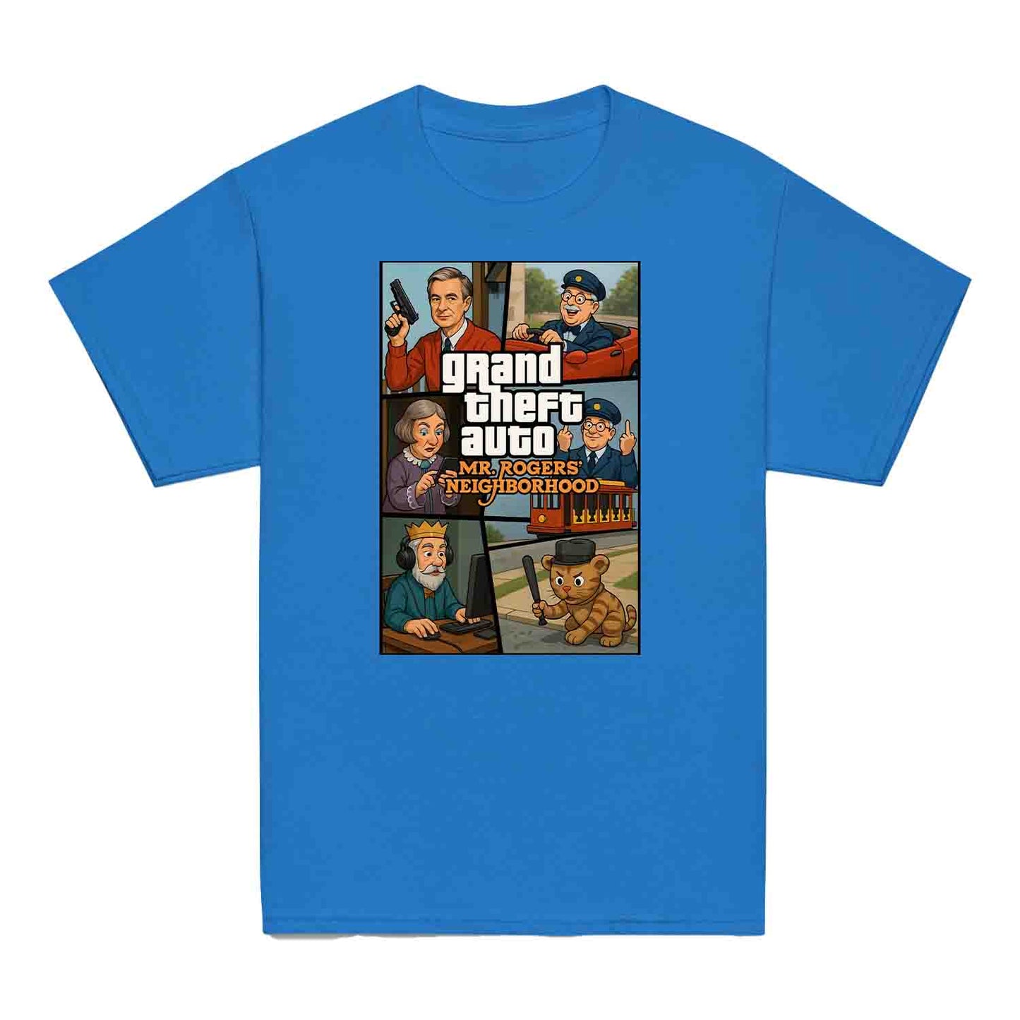 Mr. Rogers GTA Meme Kids T-Shirt, 90s Crossover Jumper & Retro Satire Hoodie – Wholesome Chaos Pop Culture Apparel | PRODUCT CODE: MERGHQCB