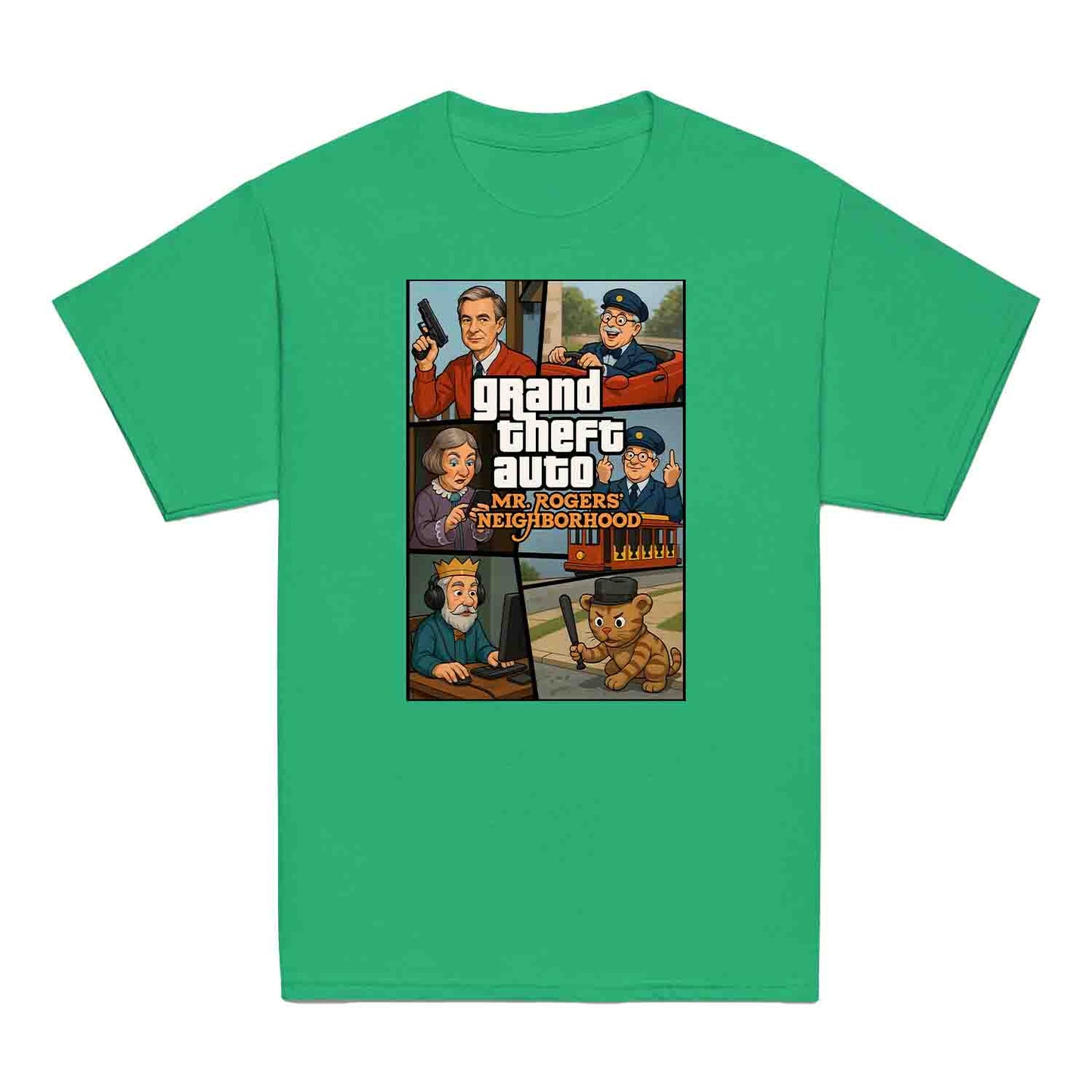 Mr. Rogers GTA Meme Kids T-Shirt, 90s Crossover Jumper & Retro Satire Hoodie – Wholesome Chaos Pop Culture Apparel | PRODUCT CODE: MERGHQCB