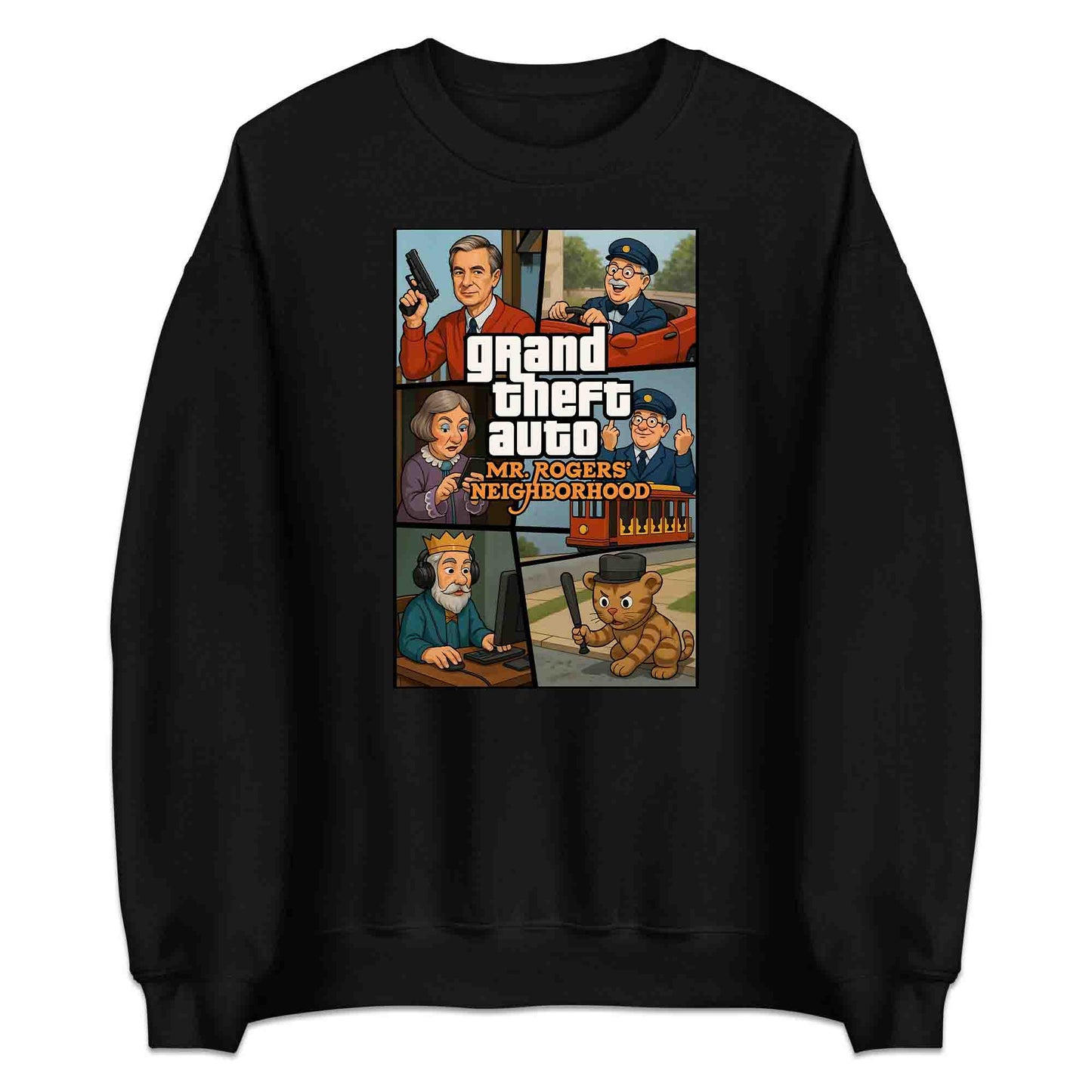 Mr. Rogers GTA Meme T-Shirt, 90s Crossover Jumper & Retro Satire Hoodie – Wholesome Chaos Pop Culture Apparel | PRODUCT CODE: MERGHQCB