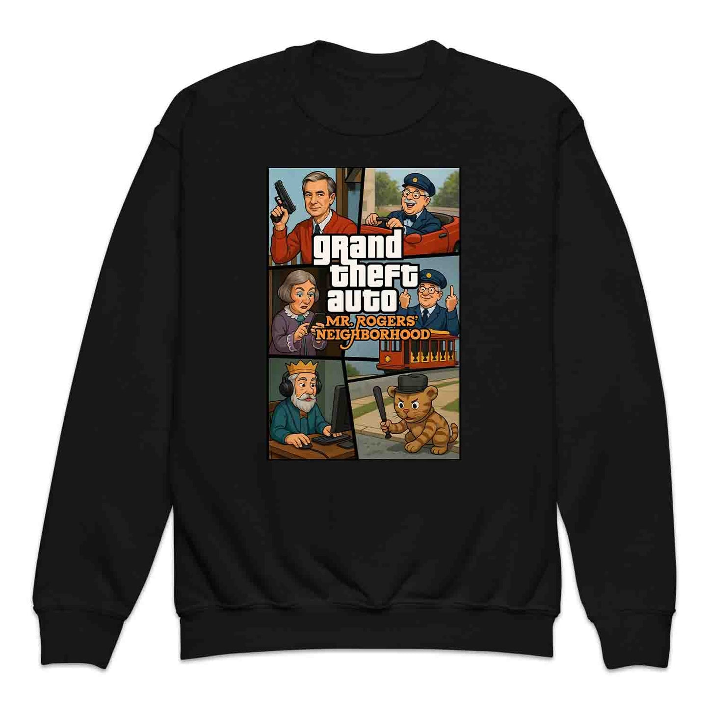 Mr. Rogers GTA Meme Kids T-Shirt, 90s Crossover Jumper & Retro Satire Hoodie – Wholesome Chaos Pop Culture Apparel | PRODUCT CODE: MERGHQCB