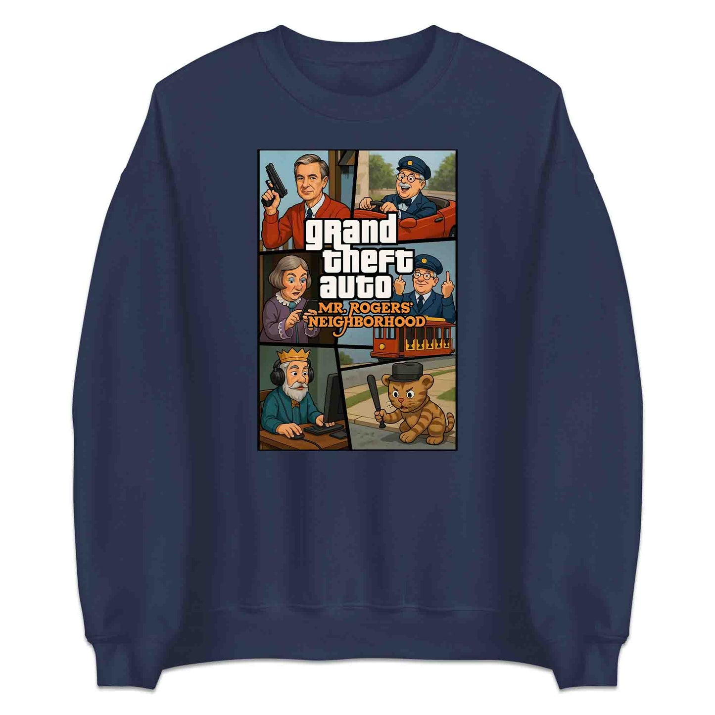 Mr. Rogers GTA Meme T-Shirt, 90s Crossover Jumper & Retro Satire Hoodie – Wholesome Chaos Pop Culture Apparel | PRODUCT CODE: MERGHQCB