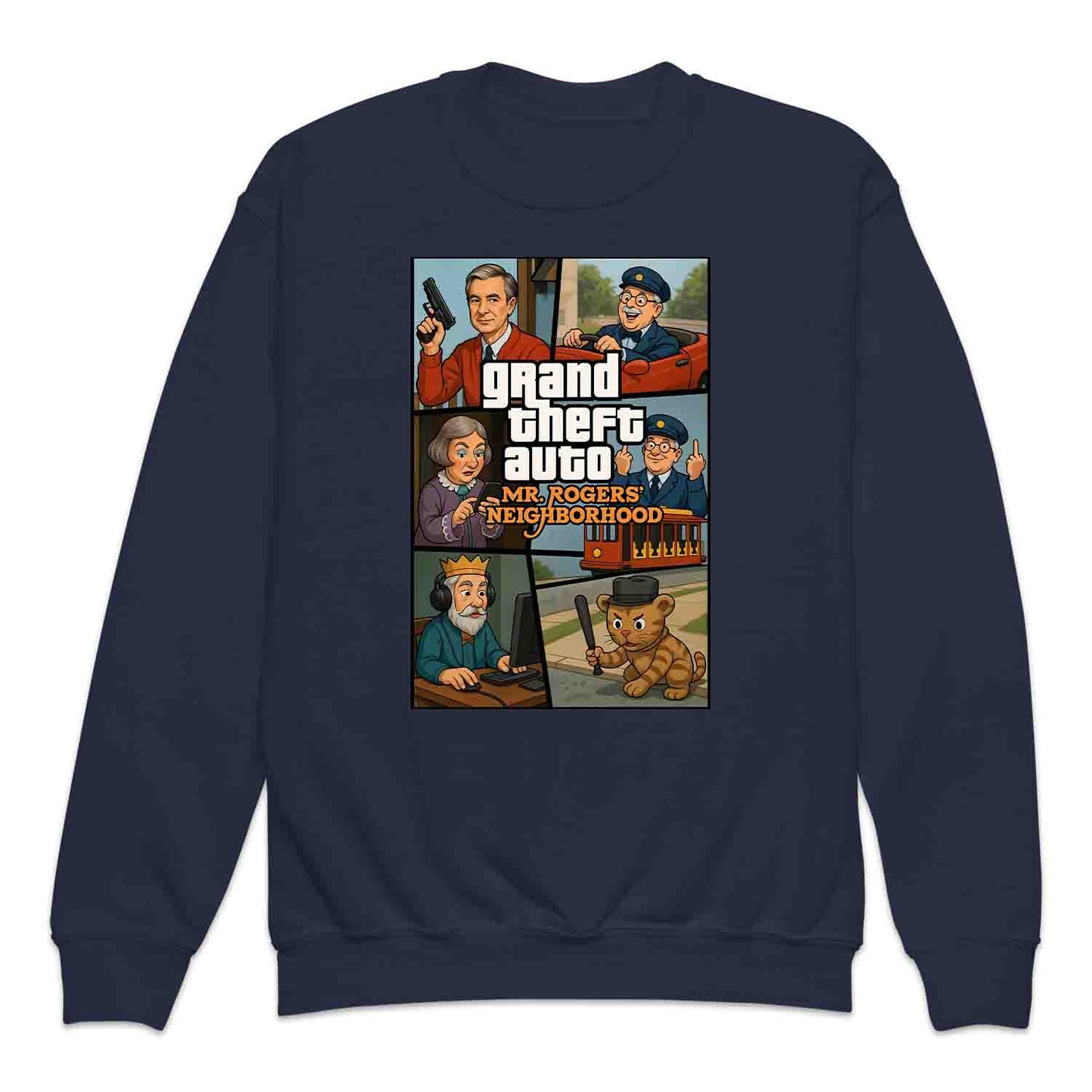 Mr. Rogers GTA Meme Kids T-Shirt, 90s Crossover Jumper & Retro Satire Hoodie – Wholesome Chaos Pop Culture Apparel | PRODUCT CODE: MERGHQCB
