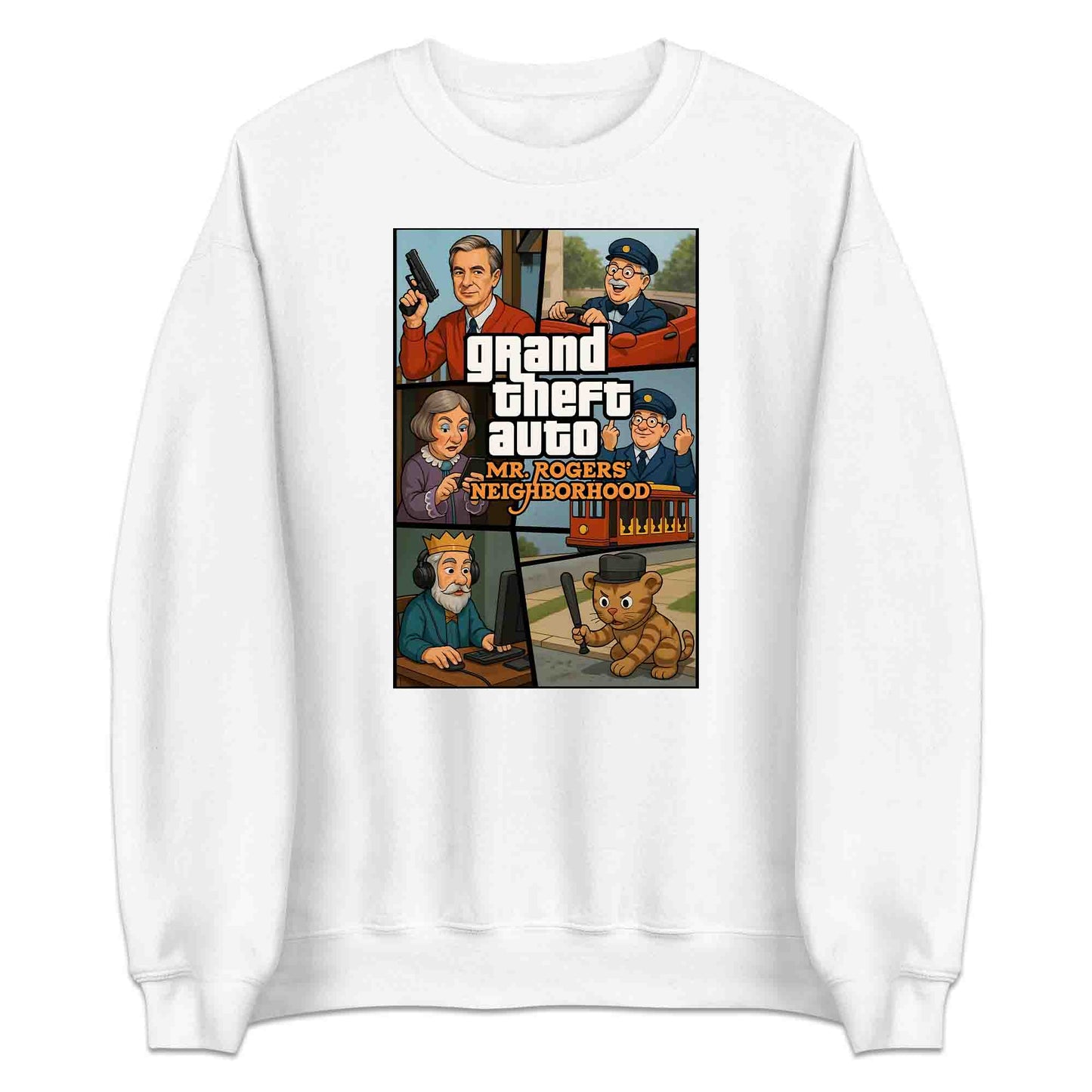 Mr. Rogers GTA Meme T-Shirt, 90s Crossover Jumper & Retro Satire Hoodie – Wholesome Chaos Pop Culture Apparel | PRODUCT CODE: MERGHQCB