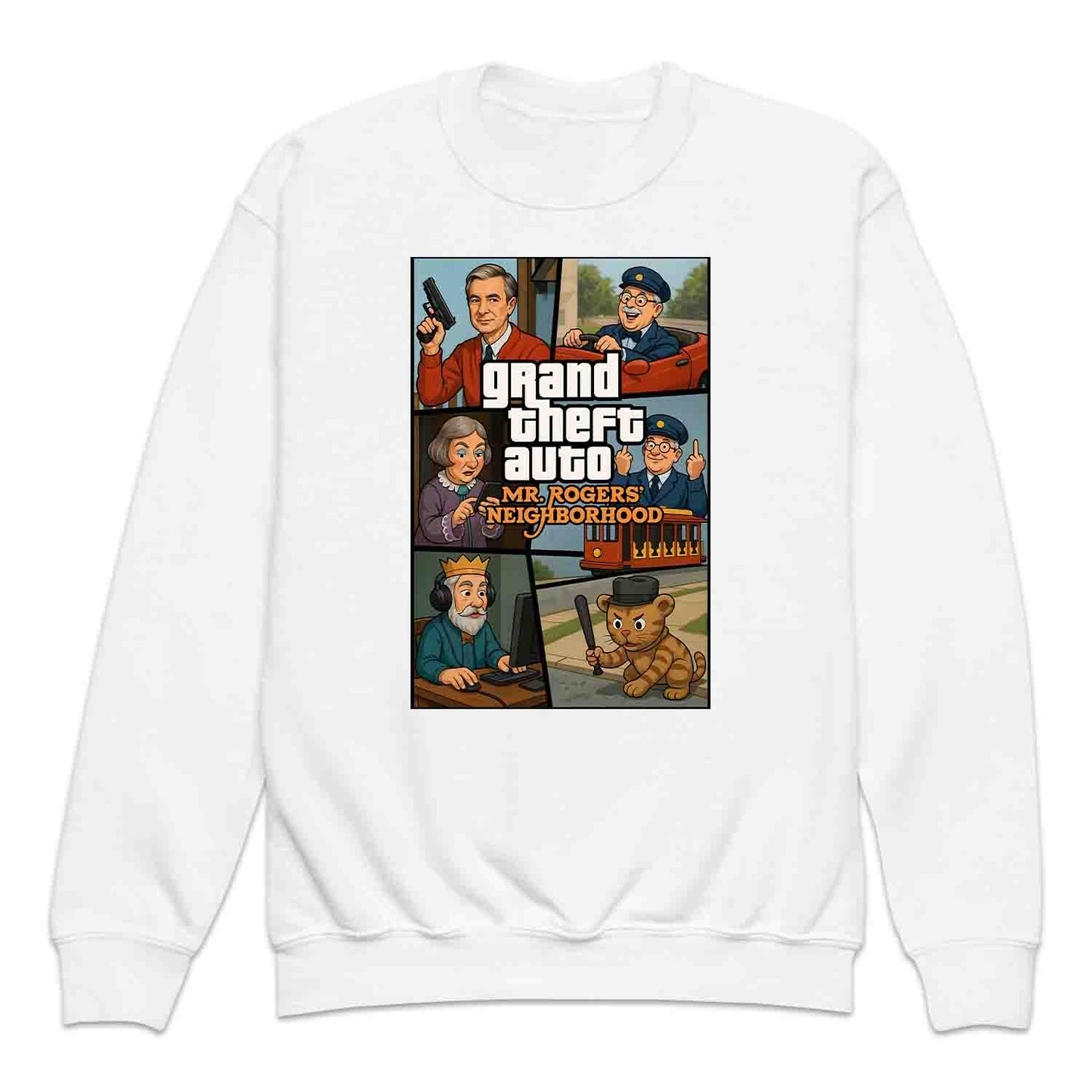 Mr. Rogers GTA Meme Kids T-Shirt, 90s Crossover Jumper & Retro Satire Hoodie – Wholesome Chaos Pop Culture Apparel | PRODUCT CODE: MERGHQCB
