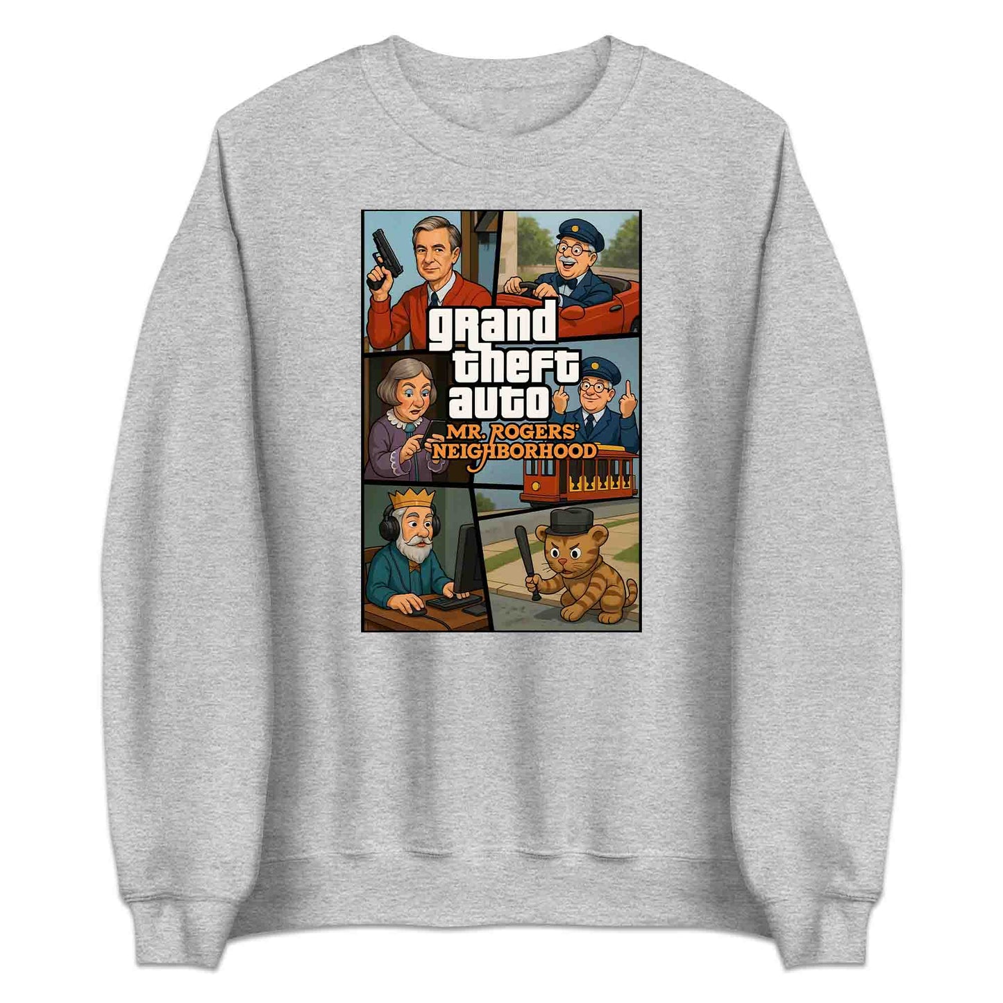 Mr. Rogers GTA Meme T-Shirt, 90s Crossover Jumper & Retro Satire Hoodie – Wholesome Chaos Pop Culture Apparel | PRODUCT CODE: MERGHQCB