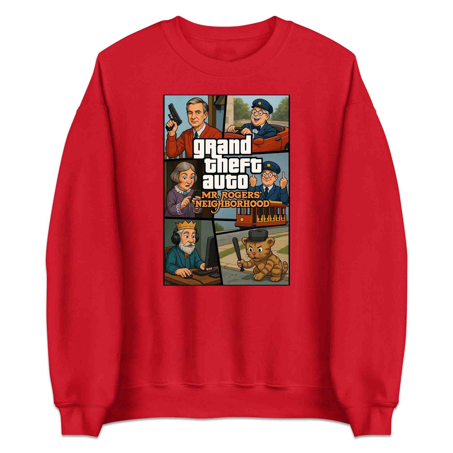 Mr. Rogers GTA Meme T-Shirt, 90s Crossover Jumper & Retro Satire Hoodie – Wholesome Chaos Pop Culture Apparel | PRODUCT CODE: MERGHQCB