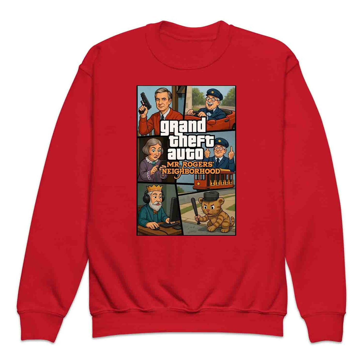 Mr. Rogers GTA Meme Kids T-Shirt, 90s Crossover Jumper & Retro Satire Hoodie – Wholesome Chaos Pop Culture Apparel | PRODUCT CODE: MERGHQCB