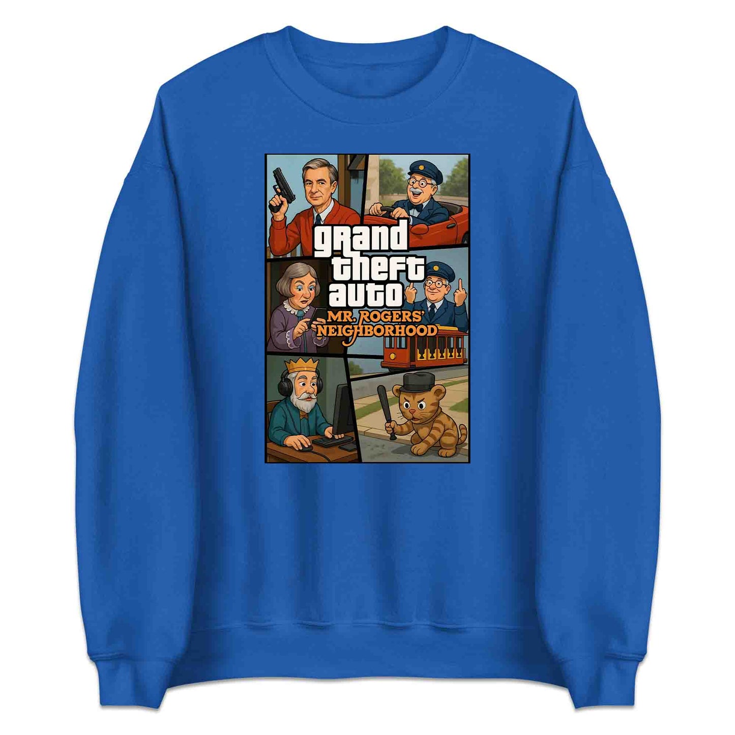 Mr. Rogers GTA Meme T-Shirt, 90s Crossover Jumper & Retro Satire Hoodie – Wholesome Chaos Pop Culture Apparel | PRODUCT CODE: MERGHQCB