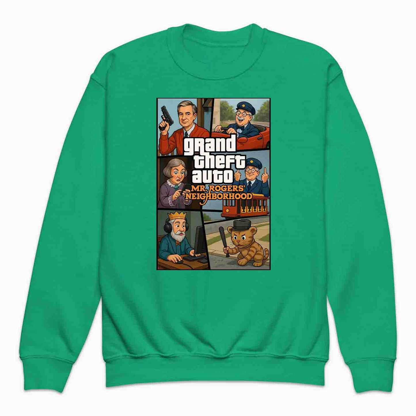 Mr. Rogers GTA Meme Kids T-Shirt, 90s Crossover Jumper & Retro Satire Hoodie – Wholesome Chaos Pop Culture Apparel | PRODUCT CODE: MERGHQCB