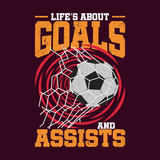 Motivational Soccer Quote Life’s About Goals & Assists Soccer Ball Net Shot | PRODUCT CODE: MTVSVCOQTELFB