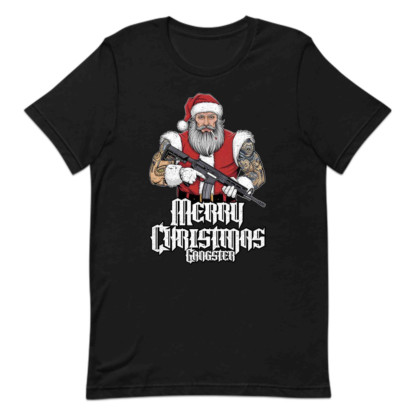 Merry Christmas Gangster Tattooed Badass Santa With AR-15 Hardcore Xmas | PRODUCT CODE: MYGRNTDHREY