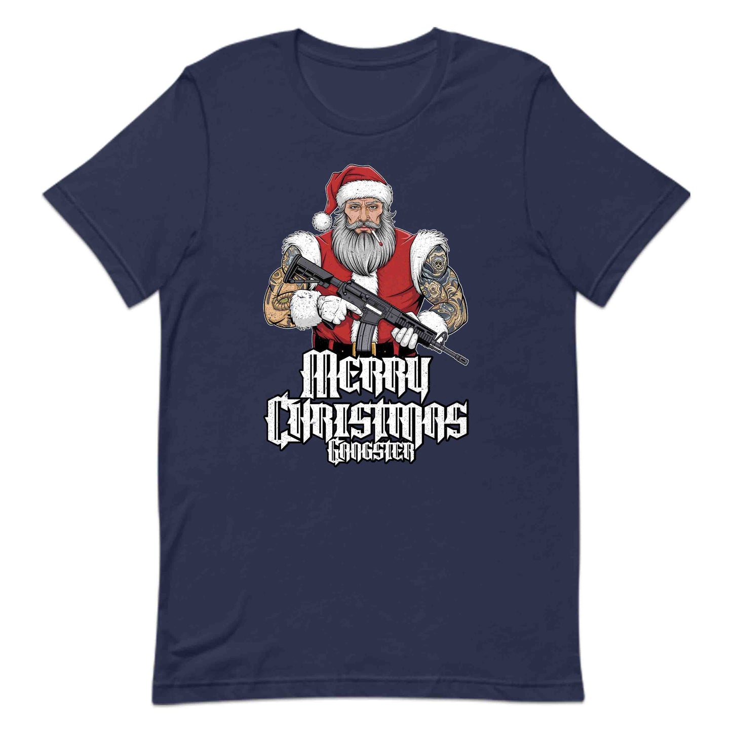 Merry Christmas Gangster Tattooed Badass Santa With AR-15 Hardcore Xmas | PRODUCT CODE: MYGRNTDHREY