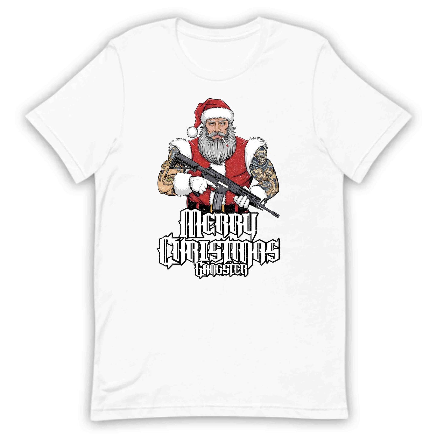 Merry Christmas Gangster Tattooed Badass Santa With AR-15 Hardcore Xmas | PRODUCT CODE: MYGRNTDHREY
