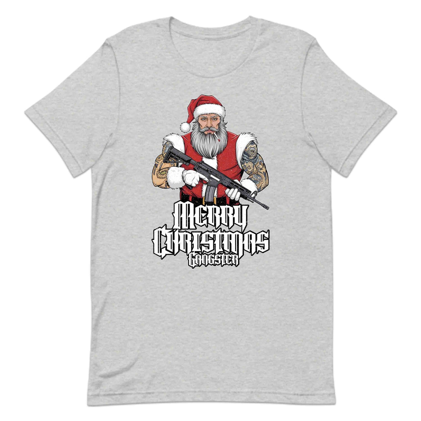 Merry Christmas Gangster Tattooed Badass Santa With AR-15 Hardcore Xmas | PRODUCT CODE: MYGRNTDHREY