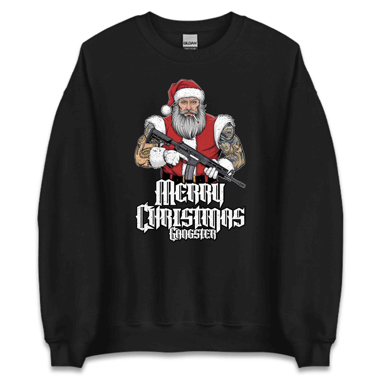 Merry Christmas Gangster Tattooed Badass Santa With AR-15 Hardcore Xmas | PRODUCT CODE: MYGRNTDHREY