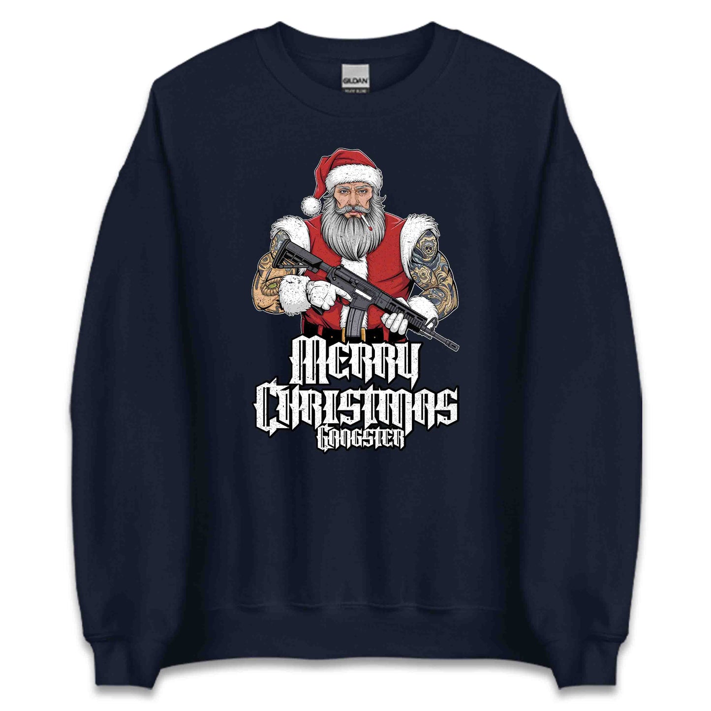 Merry Christmas Gangster Tattooed Badass Santa With AR-15 Hardcore Xmas | PRODUCT CODE: MYGRNTDHREY