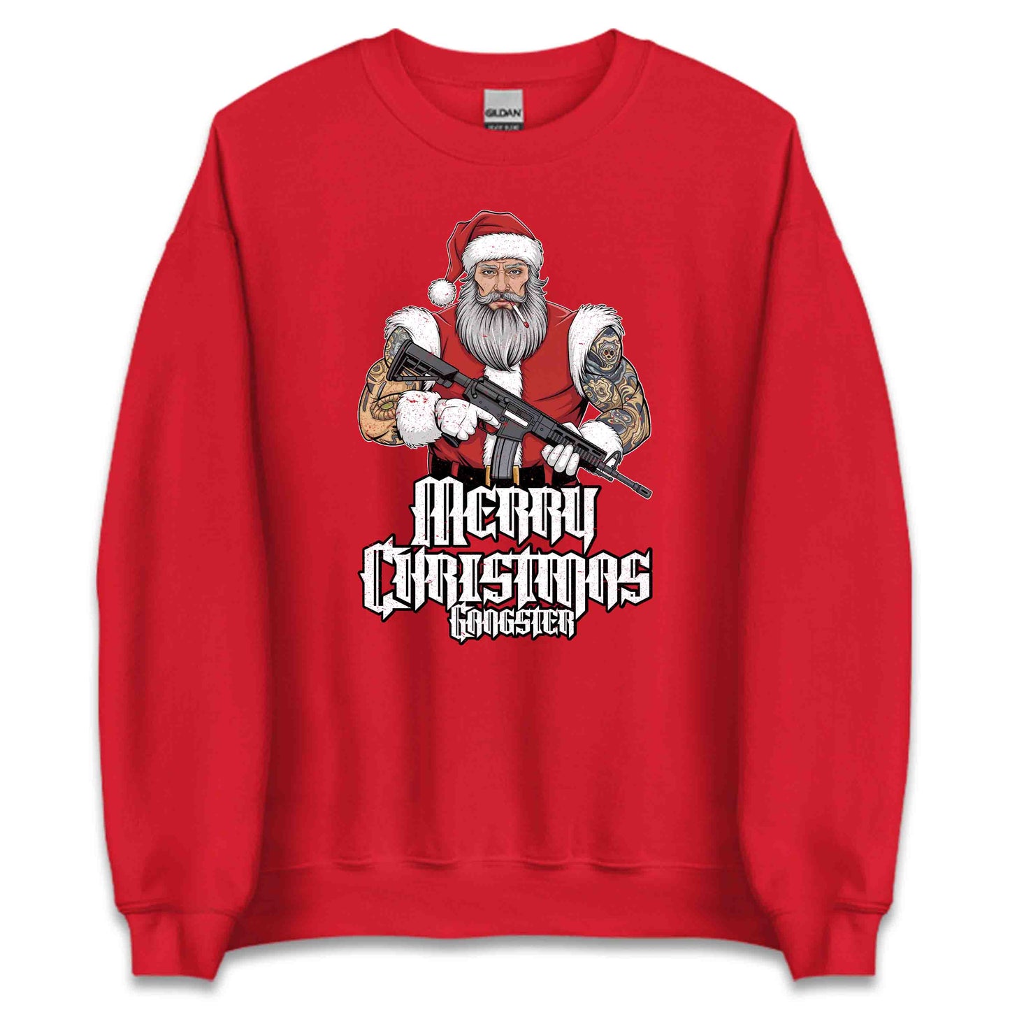 Merry Christmas Gangster Tattooed Badass Santa With AR-15 Hardcore Xmas | PRODUCT CODE: MYGRNTDHREY