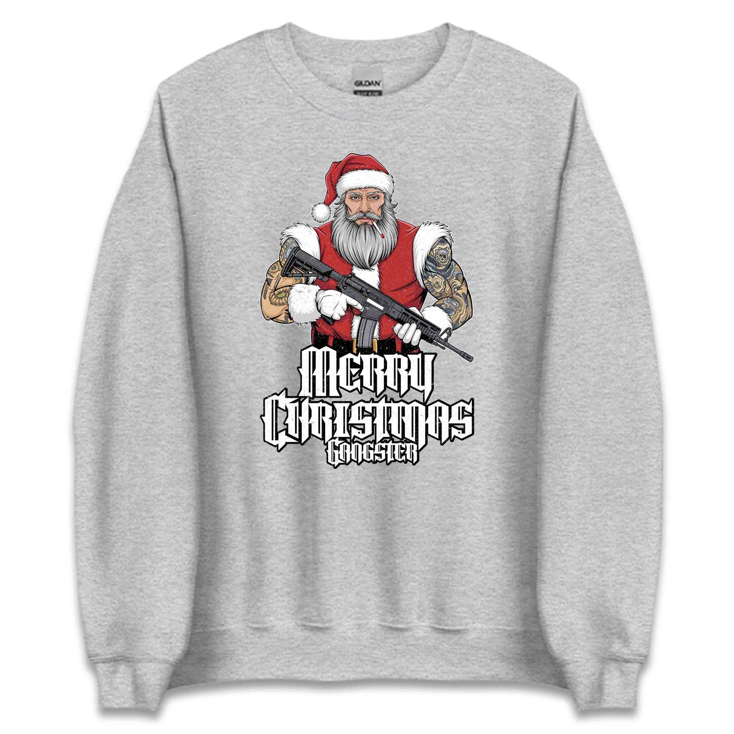 Merry Christmas Gangster Tattooed Badass Santa With AR-15 Hardcore Xmas | PRODUCT CODE: MYGRNTDHREY