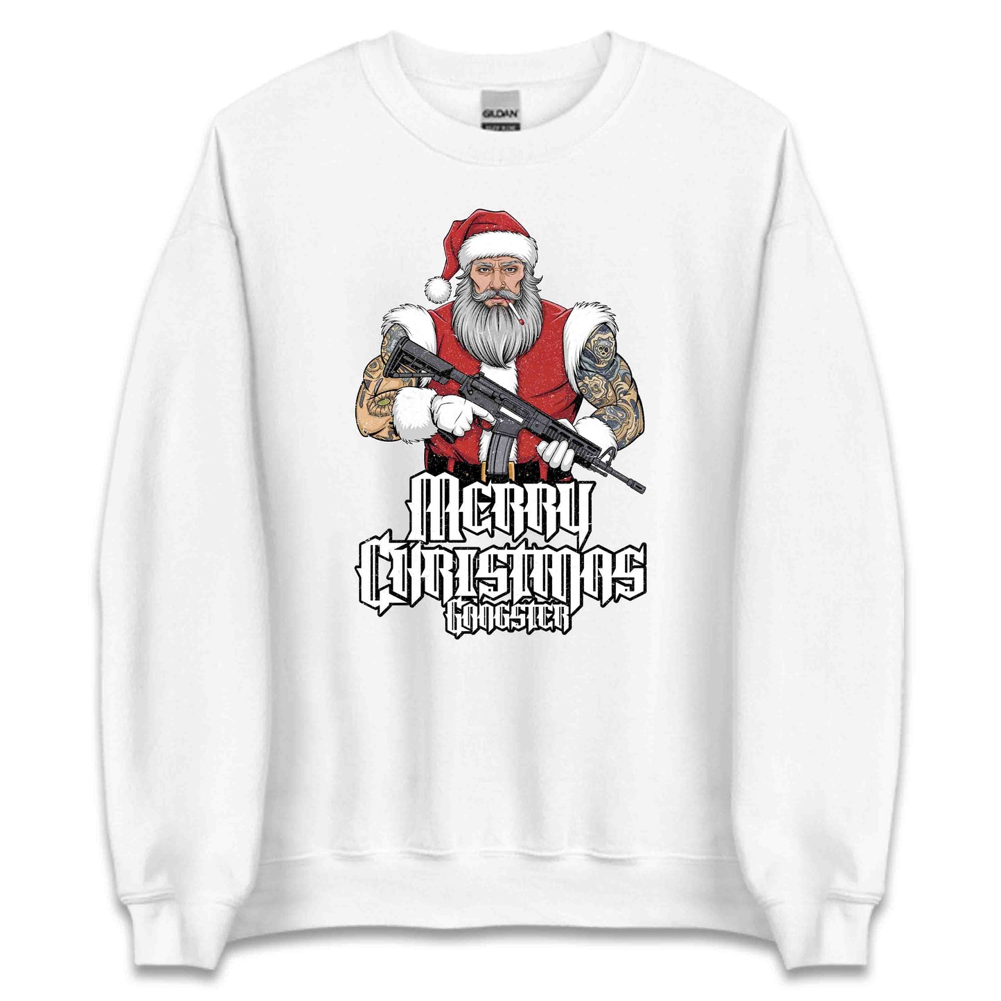 Merry Christmas Gangster Tattooed Badass Santa With AR-15 Hardcore Xmas | PRODUCT CODE: MYGRNTDHREY