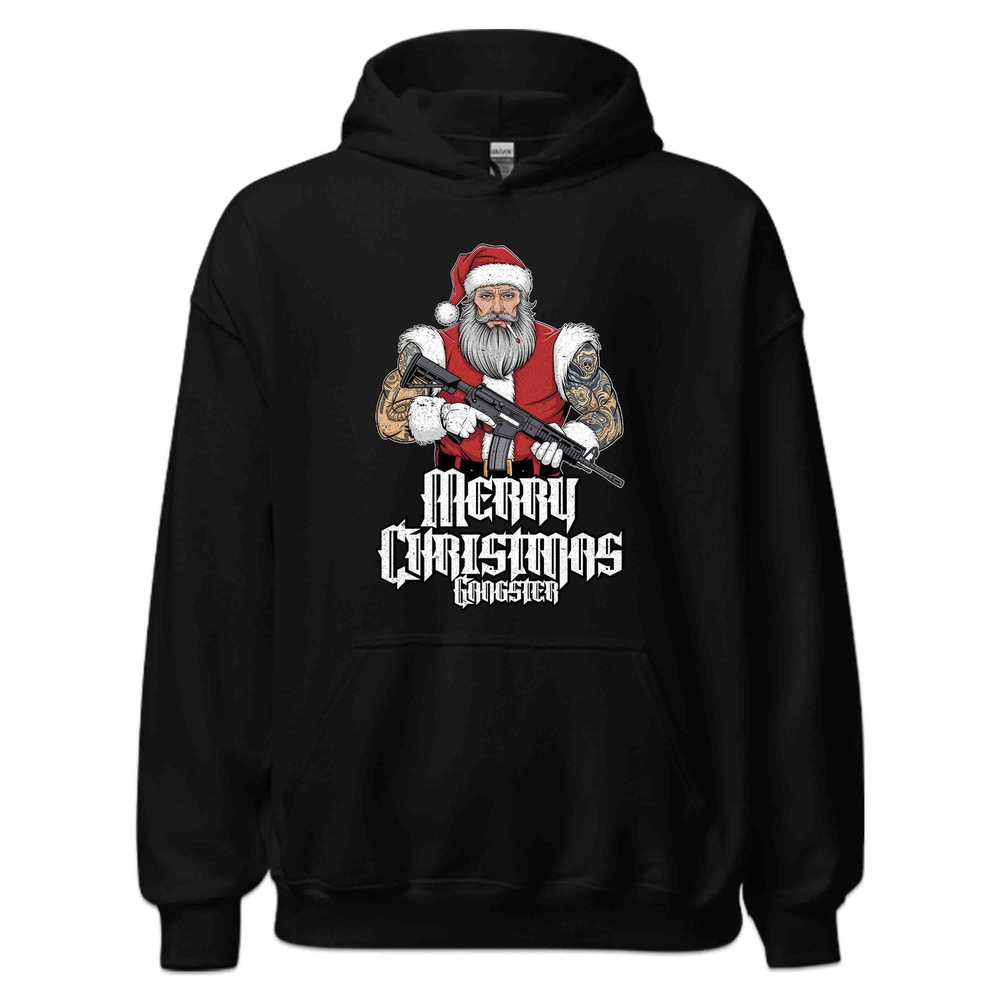 Merry Christmas Gangster Tattooed Badass Santa With AR-15 Hardcore Xmas | PRODUCT CODE: MYGRNTDHREY