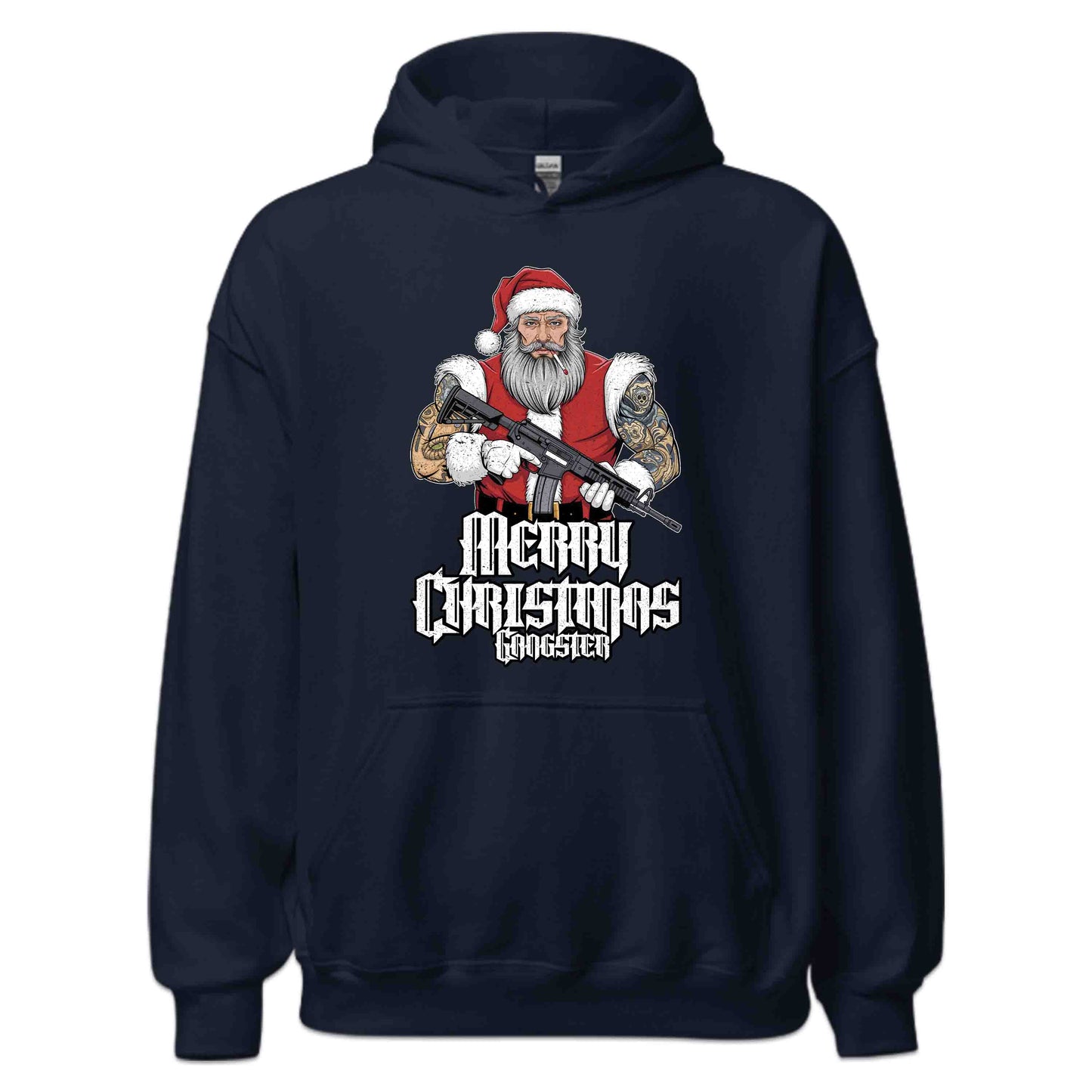 Merry Christmas Gangster Tattooed Badass Santa With AR-15 Hardcore Xmas | PRODUCT CODE: MYGRNTDHREY