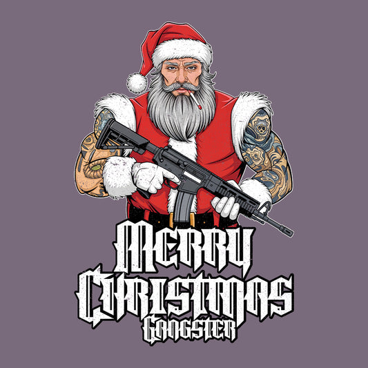 Merry Christmas Gangster Tattooed Badass Santa With AR-15 Hardcore Xmas | PRODUCT CODE: MYGRNTDHREY