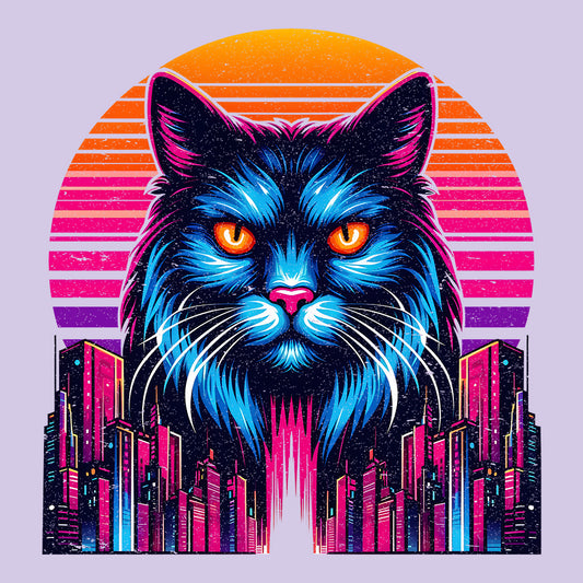 Neon Cyberpunk Cat Futuristic Feline Intense Glow Eyes & Cityscape | PRODUCT CODE: NECBYRATFUS