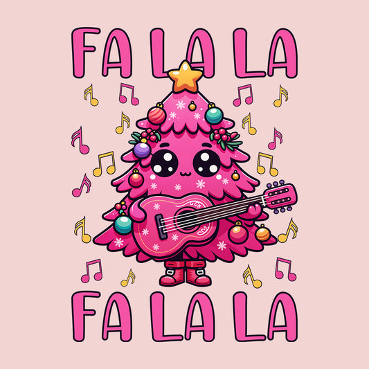 Pink Christmas Tree Holding Guitar FA LA LA LA Festive Music Xmas | PRODUCT CODE: PCTRHLGUTFL