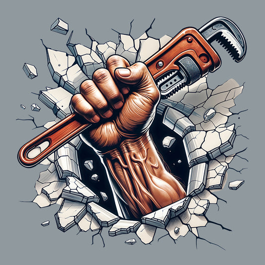 Plumber Wrench Fist Breaking Through Brick Wall 3D Realistic Plumbing Power | PRODUCT CODE: PLBWRHCFTSKW