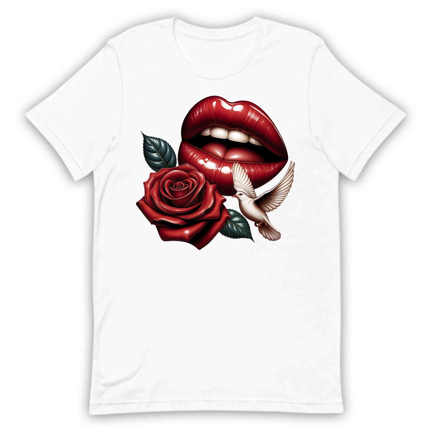 Red Lips and Rose Romantic Dove Elegant Aesthetic Fashion Chic Floral Art | PRODUCT CODE: RDELPSOMNTCAD