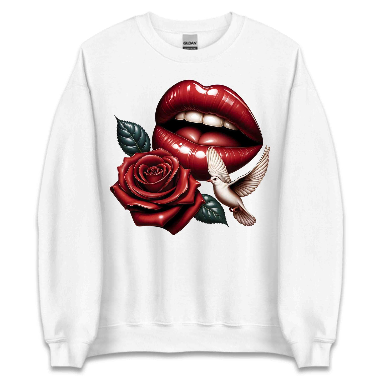 Red Lips and Rose Romantic Dove Elegant Aesthetic Fashion Chic Floral Art | PRODUCT CODE: RDELPSOMNTCAD