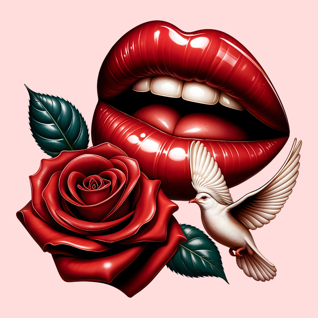 Red Lips and Rose Romantic Dove Elegant Aesthetic Fashion Chic Floral Art | PRODUCT CODE: RDELPSOMNTCAD