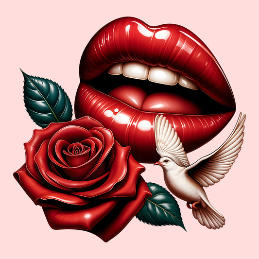 Red Lips and Rose Romantic Dove Elegant Aesthetic Fashion Chic Floral Art | PRODUCT CODE: RDELPSOMNTCAD