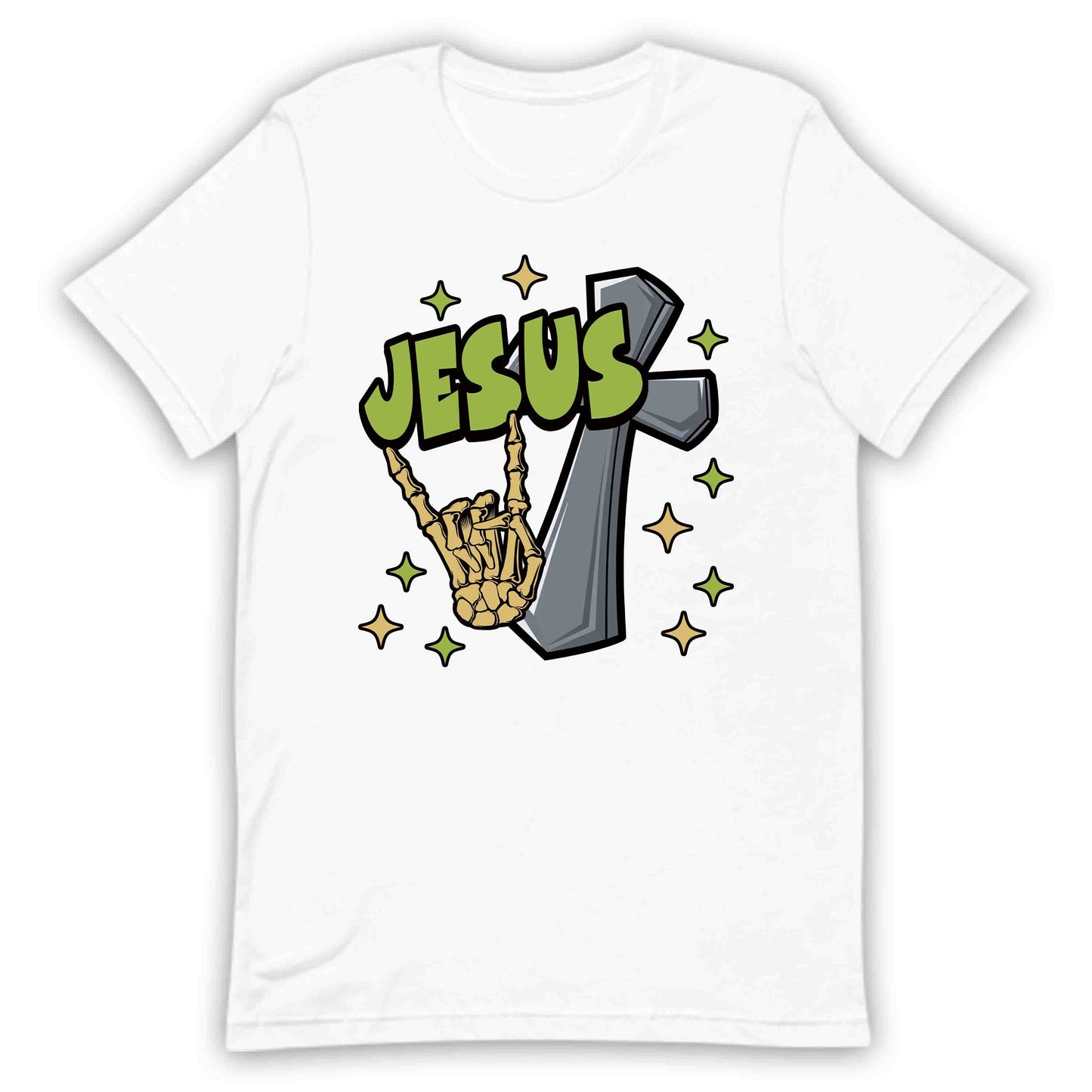 Rock On with Jesus Skeleton Hand & Cross Christian Rock n Roll | PRODUCT CODE: RKNWTHJUSDC