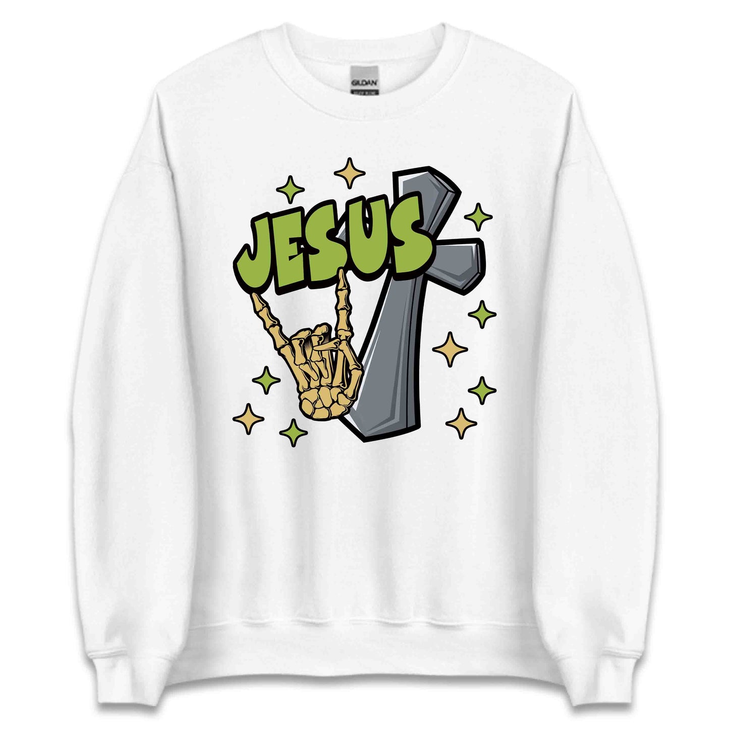 Rock On with Jesus Skeleton Hand & Cross Christian Rock n Roll | PRODUCT CODE: RKNWTHJUSDC