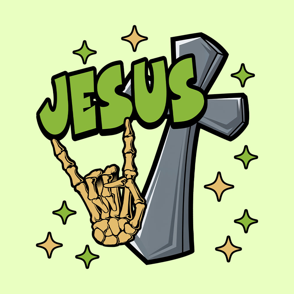 Rock On with Jesus Skeleton Hand & Cross Christian Rock n Roll | PRODUCT CODE: RKNWTHJUSDC