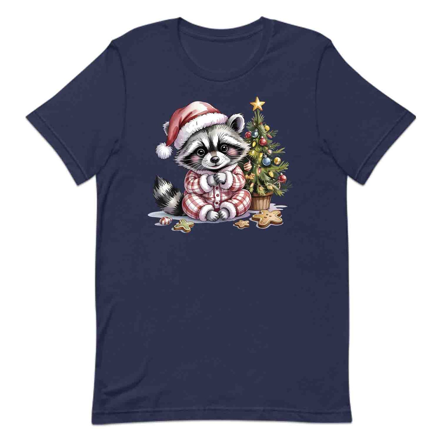 Raccoon Christmas T-Shirt, Cute Holiday Pajama Raccoon with Cookies Tee, Festive Winter Animal Lover Shirt | PRODUCT CODE: RNBCBSADX