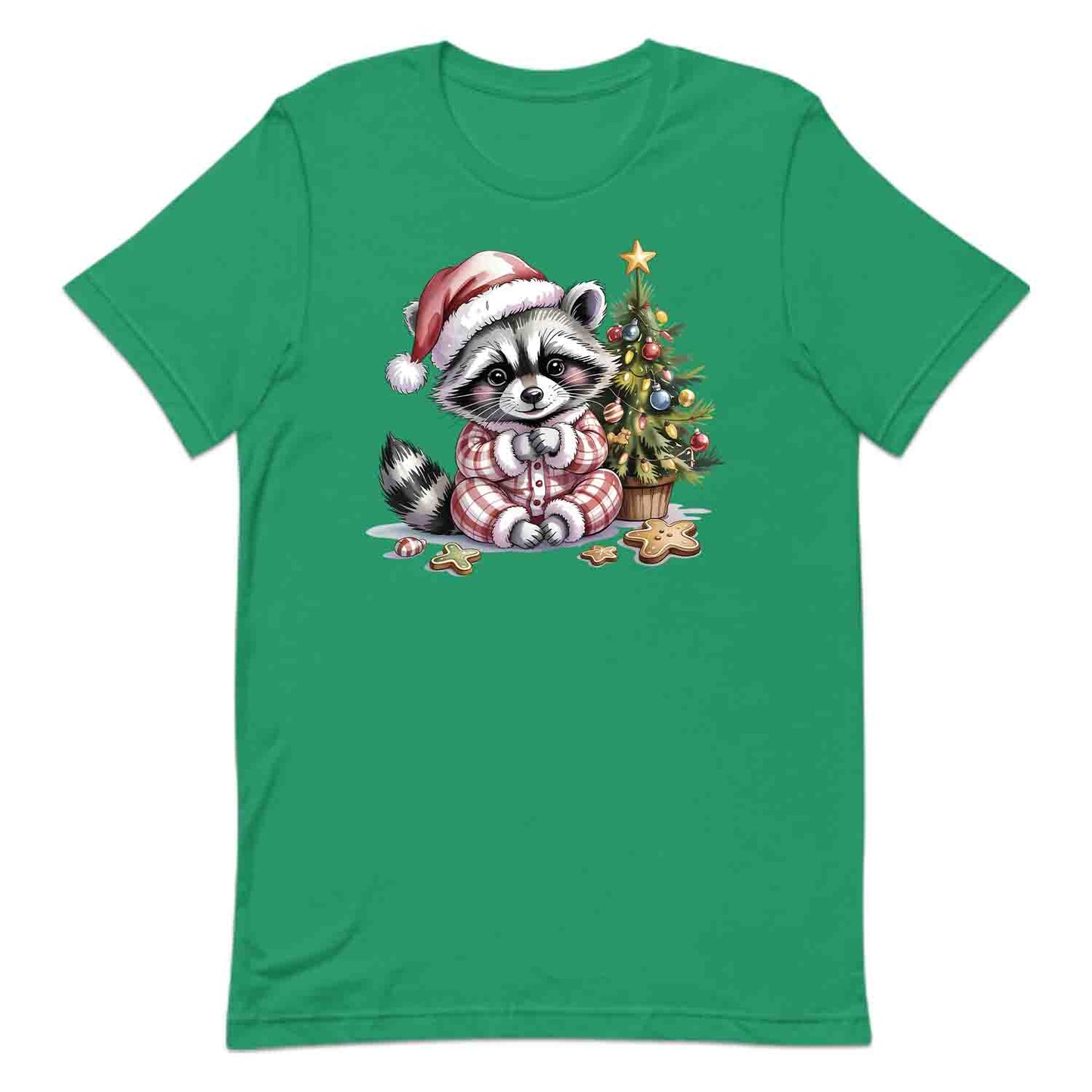 Raccoon Christmas T-Shirt, Cute Holiday Pajama Raccoon with Cookies Tee, Festive Winter Animal Lover Shirt | PRODUCT CODE: RNBCBSADX