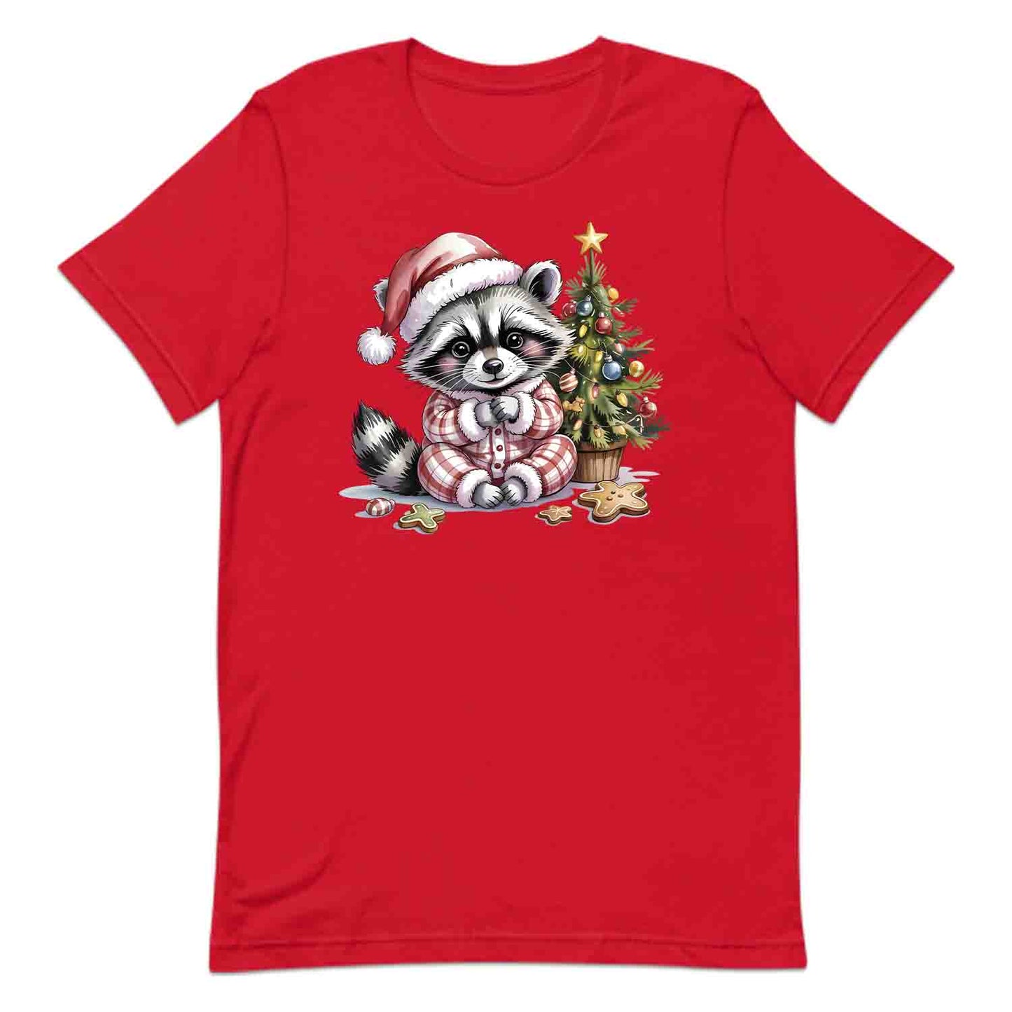 Raccoon Christmas T-Shirt, Cute Holiday Pajama Raccoon with Cookies Tee, Festive Winter Animal Lover Shirt | PRODUCT CODE: RNBCBSADX
