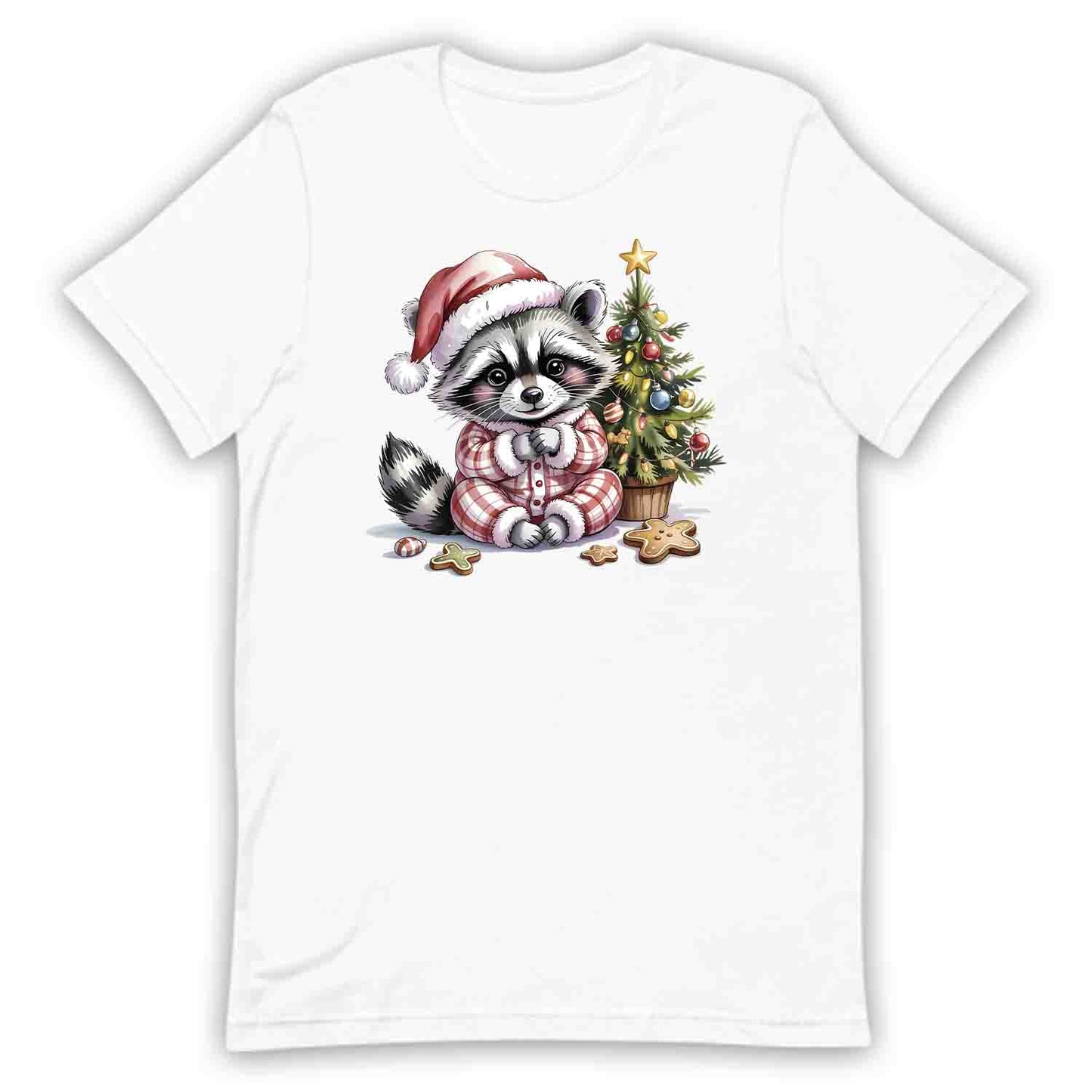 Raccoon Christmas T-Shirt, Cute Holiday Pajama Raccoon with Cookies Tee, Festive Winter Animal Lover Shirt | PRODUCT CODE: RNBCBSADX