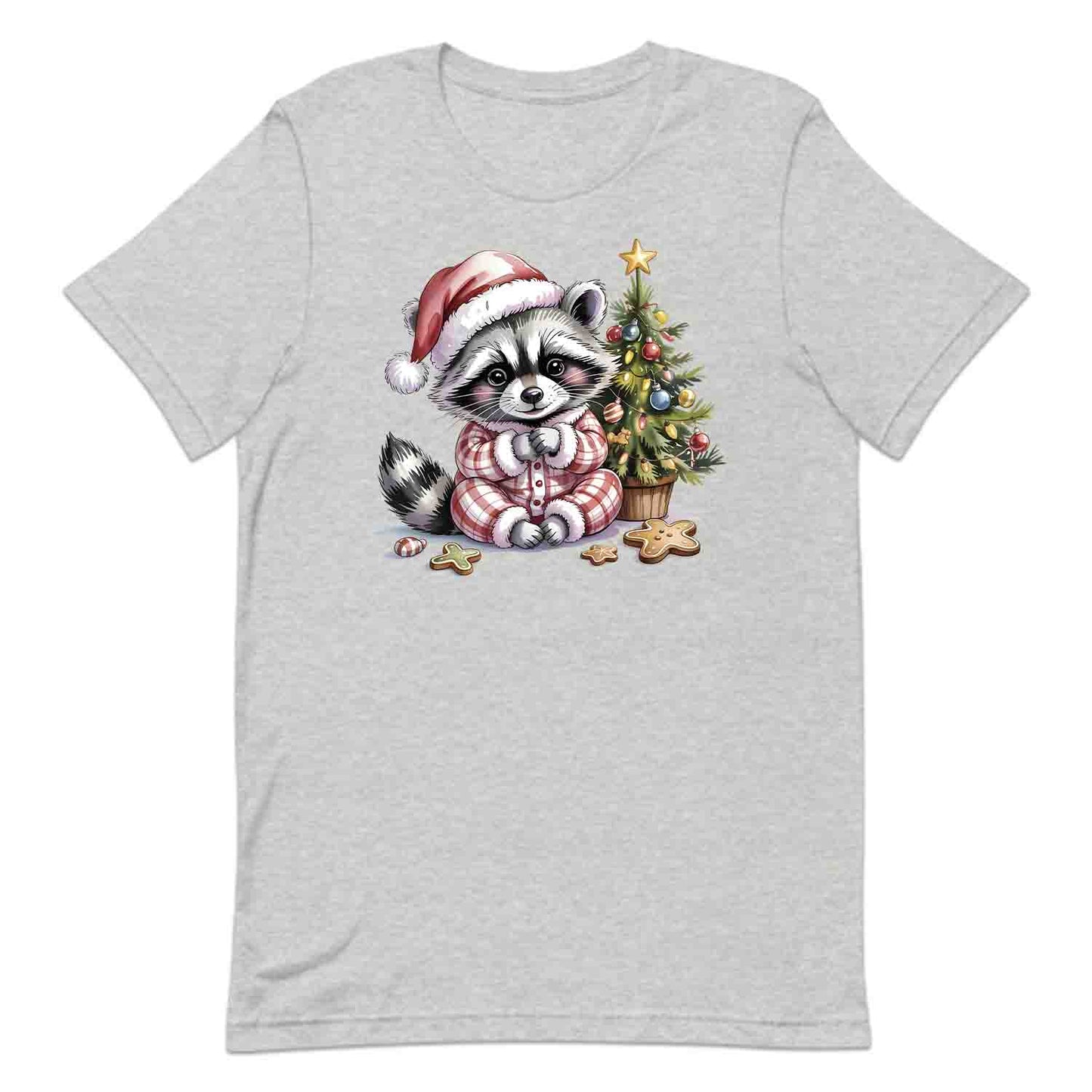 Raccoon Christmas T-Shirt, Cute Holiday Pajama Raccoon with Cookies Tee, Festive Winter Animal Lover Shirt | PRODUCT CODE: RNBCBSADX