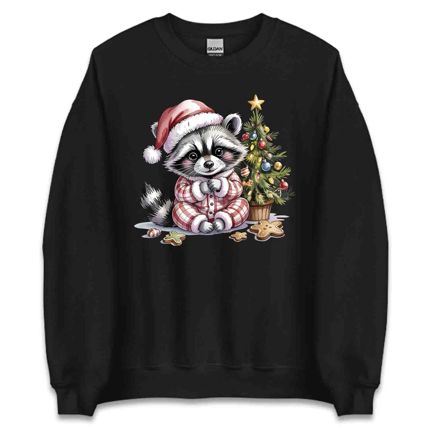 Raccoon Christmas T-Shirt, Cute Holiday Pajama Raccoon with Cookies Tee, Festive Winter Animal Lover Shirt | PRODUCT CODE: RNBCBSADX