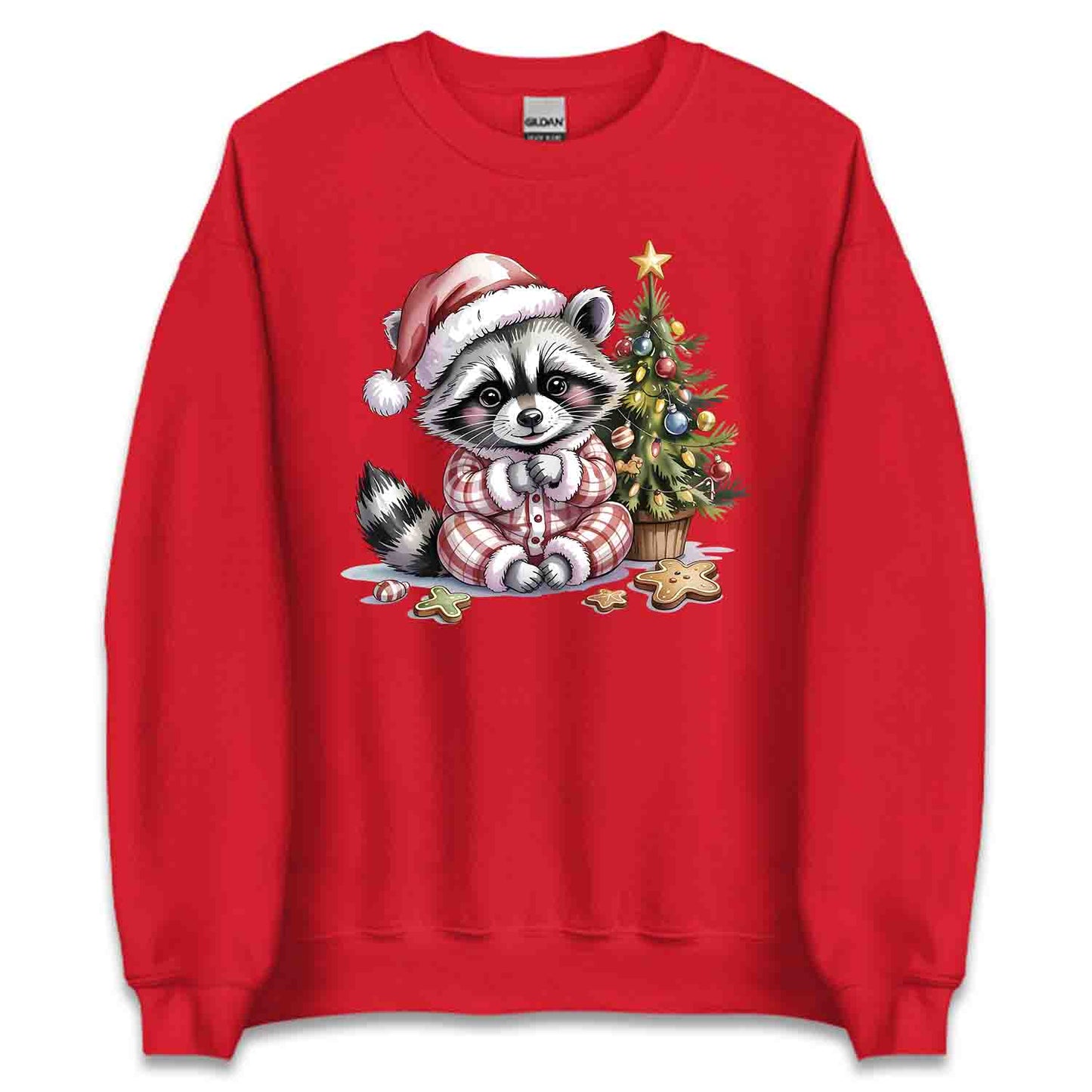 Raccoon Christmas T-Shirt, Cute Holiday Pajama Raccoon with Cookies Tee, Festive Winter Animal Lover Shirt | PRODUCT CODE: RNBCBSADX